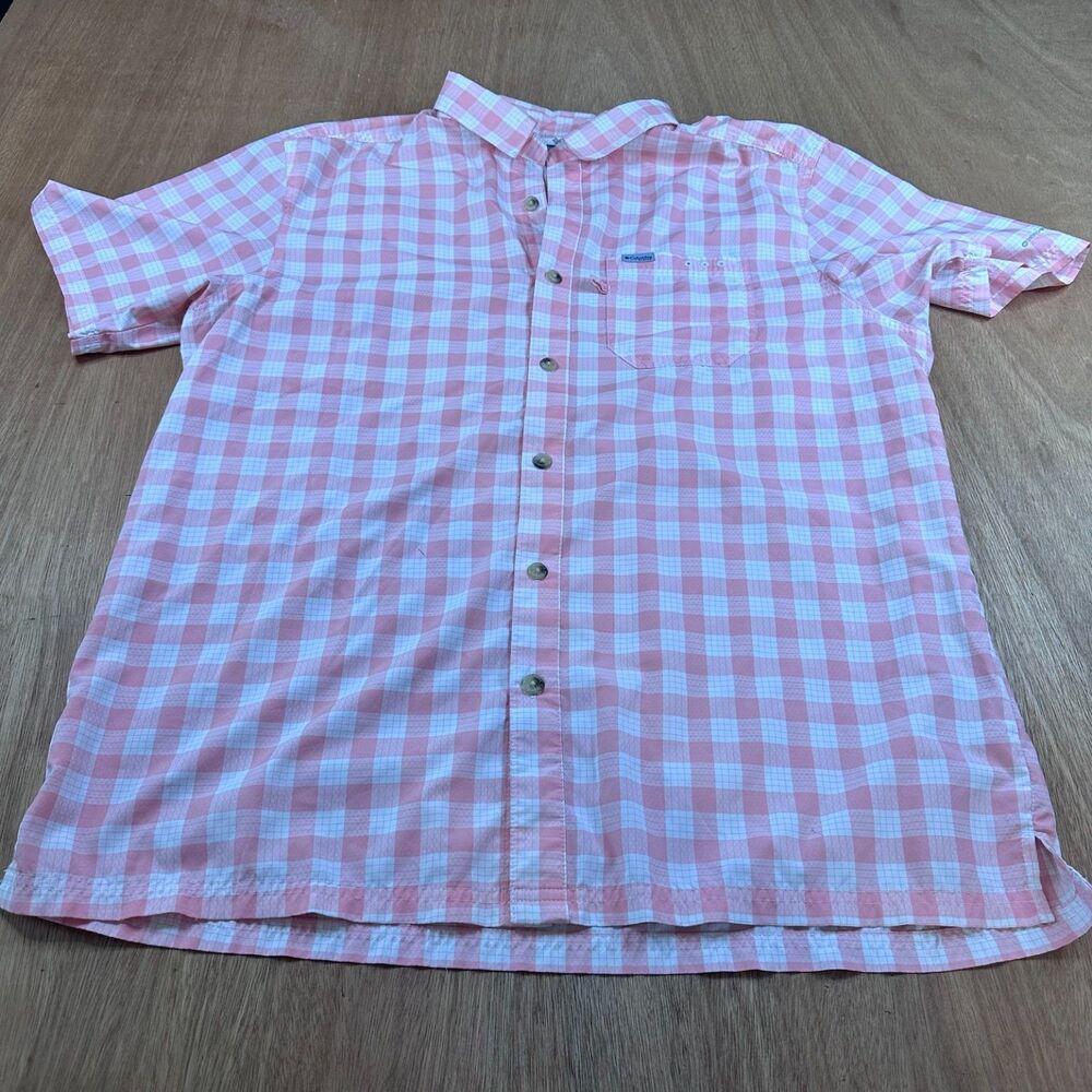 Columbia PFG Shirt Mens Large Pink Plaid Short Sleeve Fishing Vented